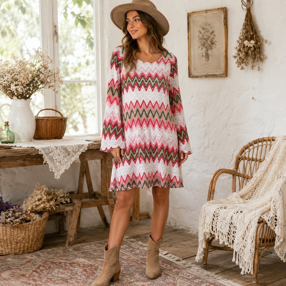Entro Dress‎ Womens L Pink Chevron Crochet Bell Sleeve Boho Cottagecore Mini